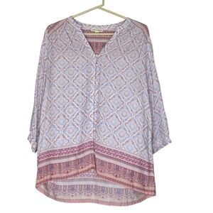 Artisan NY White & Pink Boho Balloon Sleeve Button Front Blouse Size Medium